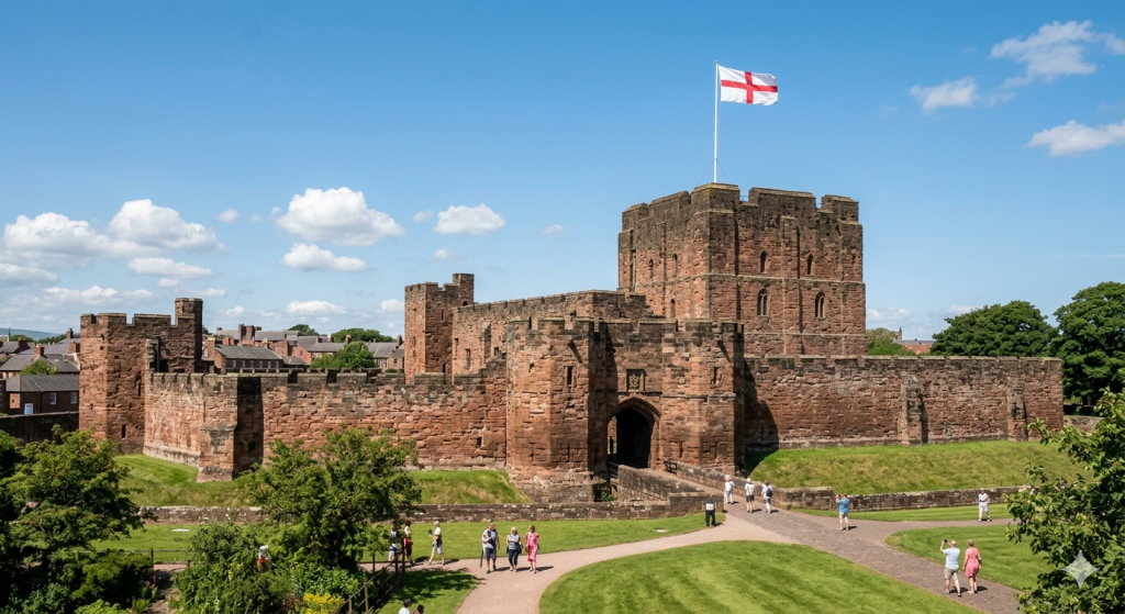 Carlisle castle England on a sunny day flying the England flag 